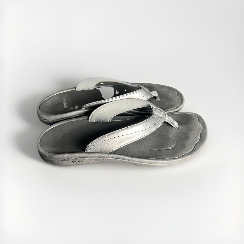 Olukai Silver Pewter‎ Leather Flip Flops Women’s 9 W
